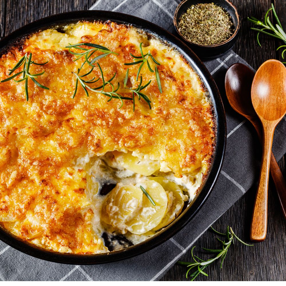 Creamy Potato Bake topped with crispy fried onions